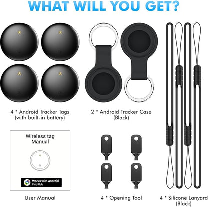 Bluetooth Tracker 4-Pack for Android & Samsung with Case, Smart Tag Item Finder for Keys Wallet Luggage, IP66 Waterproof, 365-Day Battery, Works with Google Find Hub (Black)