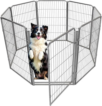 Dog Playpen - 40 inch, 8 Panel Portable Grey Metal Pet Play Pen for Medium and Large Dogs - Indoor/Outdoor Kennel Cage | Anti-Rust Tool Free Setup for Home, Yard, RV, or Camping