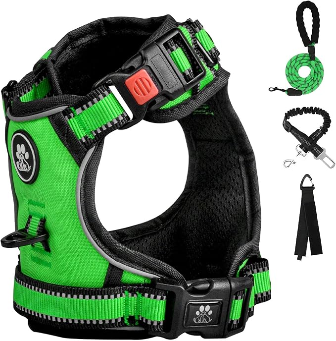 FURRYFECTION Plaid Dog Harness for Large Dogs, Reflective No Pull Adjustable Pet Vest with Front Clip, Leash, Easy Control Handle and Seat Belt, Green, L