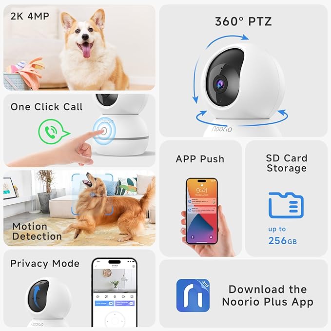 Noorio Security Camera Indoor, 4MP UHD Pet/Dog Camera 360-Degree for Home Security, One-Touch Call, Auto Motion Tracking, Night Vision, 2.4G Only