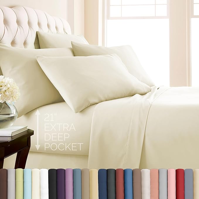 Southshore Fine Living, Inc. 6-Piece, 21-Inch Deep Pocket King Sheet Set, Cream King Sheets Deep Pocket, Full Elastic Fitted Sheet, Oversized Flat, 4 Pillow Cases, Machine Washable, Microfiber, Cream