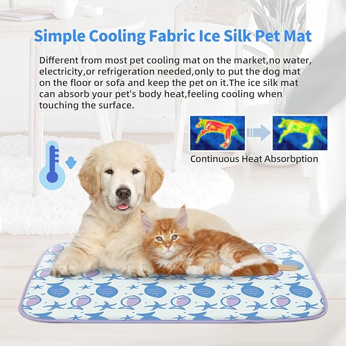 NWK Pet Cooling Mat for Large Dogs -Q-Max>0.345 Ice Silk Cooling Mat for Dogs & Cats Portable & Washable Pet Cooling Blanket, Car Seats, Beds for Summer (Purple Fish, 39'' X 27'' X 0.3'')
