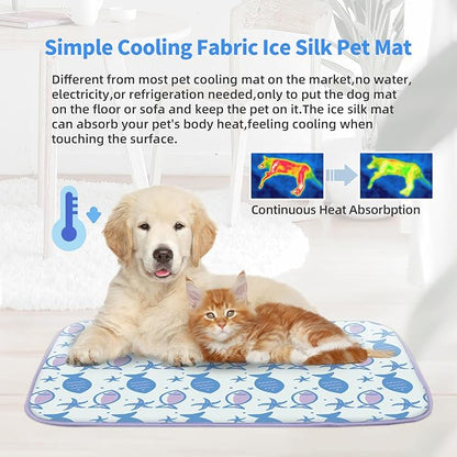 NWK Pet Cooling Mat -Q-Max>0.345 Ice Silk Cooling Mat for Dogs & Cats Portable & Washable Pet Cooling Blanket, Car Seats, Beds for Summer (Purple Fish, 27'' X 20'' X 0.3'')