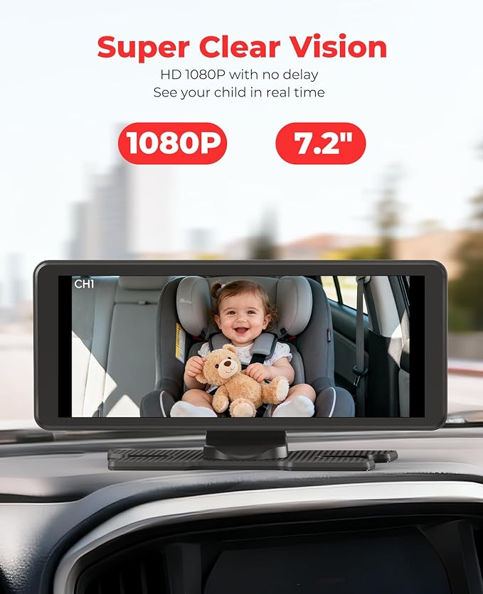 LUCKVIEW BM5PRO Double Car Camera for 2 Baby，7.2" 1080P Split Screen with IR Night Vision, Real-Time Monitoring Baby Car Camera,Easy Install, Family Travel Companion for Kids & Pets