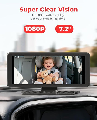 LUCKVIEW BM5PRO Double Car Camera for 2 Baby，7.2" 1080P Split Screen with IR Night Vision, Real-Time Monitoring Baby Car Camera,Easy Install, Family Travel Companion for Kids & Pets