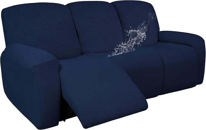 Easy-Going 100% Dual Waterproof Recliner Sofa Cover, 8-Pieces Stretch Relining Couch Cover with Pocket, Jacquard 3 Seat Sofa Slipcover Leakproof Washable (Sofa, Navy)