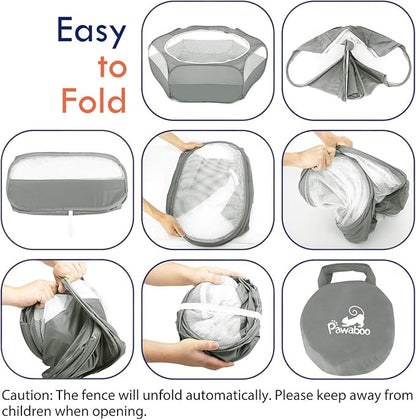 Pawaboo Small Animals Playpen, Waterproof Small Pet Cage Tent with Zippered Cover, Portable Outdoor Yard Fence with 3 Metal Rod for Chick/Kitten/Puppy/Guinea Pig/Rabbits/Hamster/Chinchillas,Light Gray