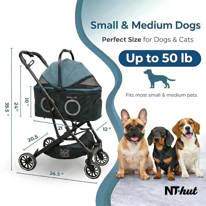 Dog Stroller for Small Medium Dogs & Cats Up to 50 lbs – NTHUT WagZee Foldable Pet Stroller with 360° Mesh Windows, One-Click Fold, Reflective Trim, Storage Basket & Cup Holder (Black Teal)
