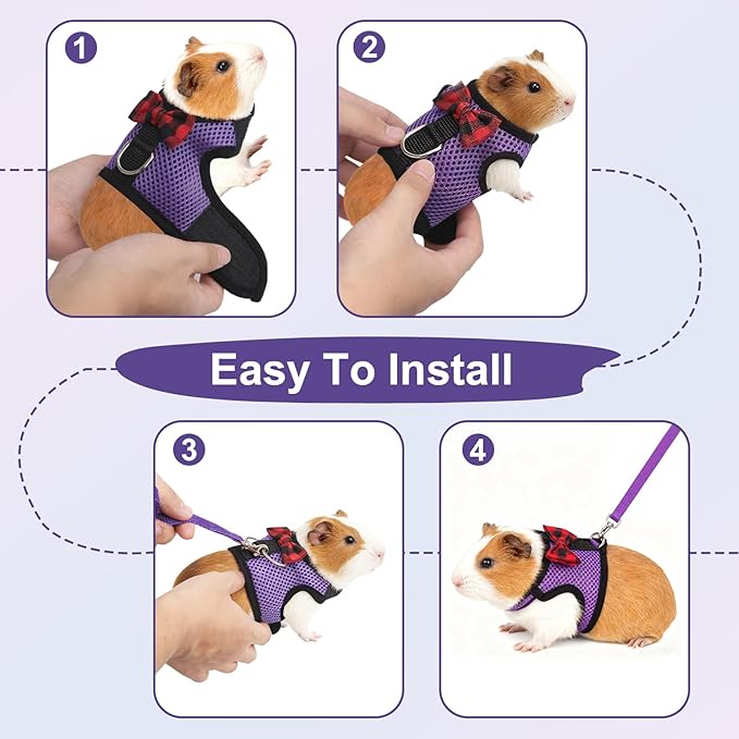 Guinea Pig Harness and Leash，2packs Guinea Pig Clothes Baby Ferret Rats Hamster Soft Mesh Harness Leash for Decoration，Hamster Harness can be Adjusted to Any Size. (Pink + Purple)