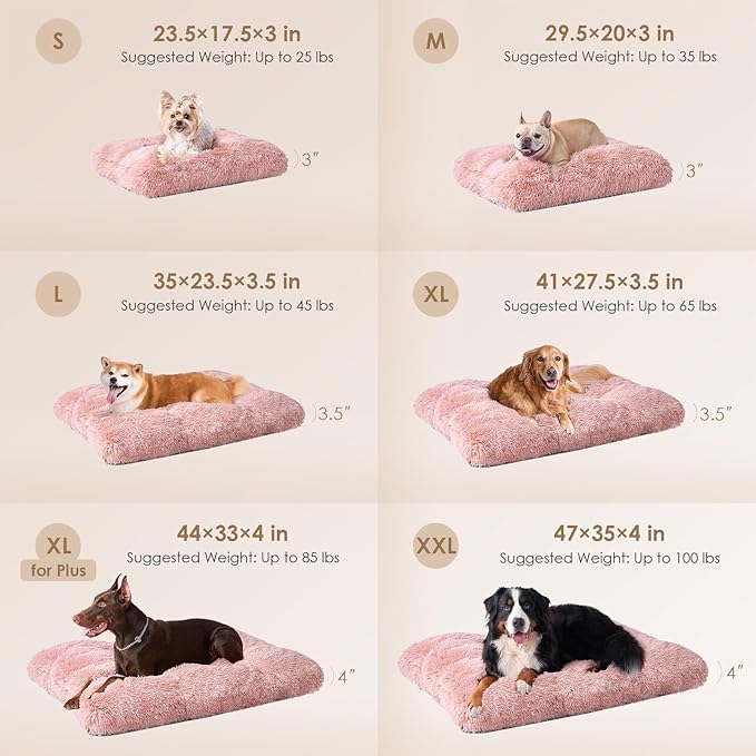 EHEYCIGA Fluffy XXL Dog Crate Pad, Plush Faux Fur Dog Bed for Extra Large Pets, Calming Anti Anxiety XXL Pet Bed, Washable Soft Warm Crate Mat with Non-Slip Bottom, Pink