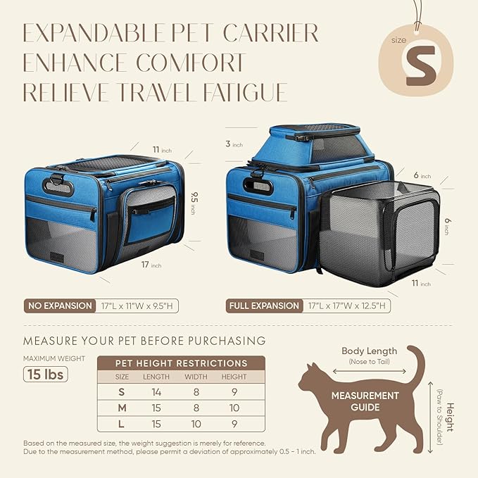 Top and Side Expandable Pet Carrier with Treat & Pet Window,17x11x9.5 Inch Alaska Hawaiian Airline Approved,Soft-Sided Dog Carrier for Small Dogs and Cats,Travel Cat Carrier with Locking Safety Zipper