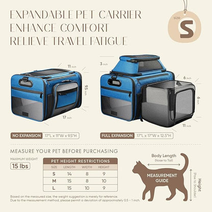 Top and Side Expandable Pet Carrier with Treat & Pet Window,17x11x9.5 Inch Alaska Hawaiian Airline Approved,Soft-Sided Dog Carrier for Small Dogs and Cats,Travel Cat Carrier with Locking Safety Zipper