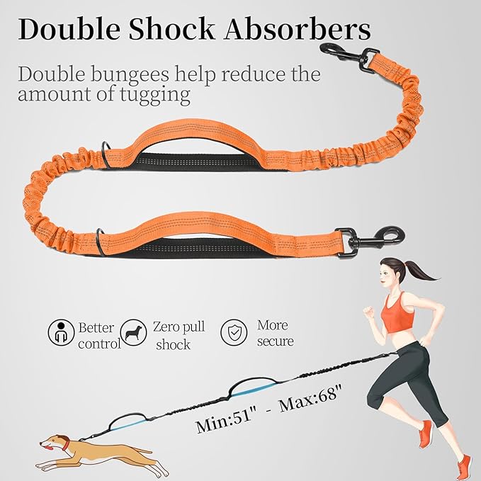 iYoShop Hands Free Dog Leash with Zipper Pouch, Dual Padded Handles and Durable Bungee for Walking, Jogging and Running Your Dog (Large, 25-120 lbs, Orange)