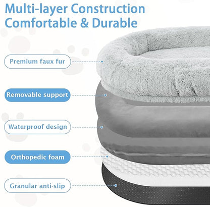 Human & Dog Bed - 71''x45''x12'' Fits People & Pets, 10 CM Thick Memory Foam, Washable, Adult & Large Size, Giant Oversize, Foldable with Plump Pillow, Blanket, Strap - Grey