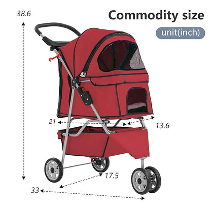 FDW Pet Stroller 3-Wheel Durable Foldable Cat Dog Stroller with Washable Liner Storage Basket Cup Holder,Red