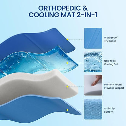 Orthopedic Dog Cooling Mat: Extra-Thick Self-Cooling with Removable Memory Foam & Non-Slip Bottom – Non-Toxic Gel – Indoor & Outdoor Summer Use for Dogs & Cats from 46-80 lbs