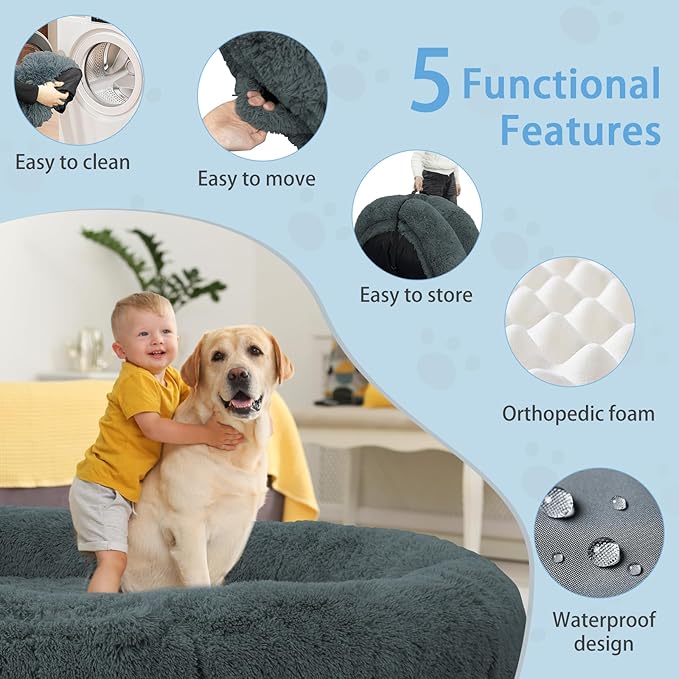 Human Dog Bed, 71''x45''x12'' Size Fits People and Pet 10 CM Thick Memory Foam Washable Adult Large Bed Giant Oversize Foldable Dog Bed with Plump Pillow, Blanket, Strap - Darkgrey
