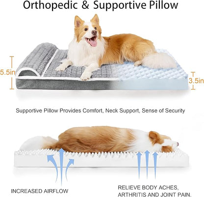 Orthopedic XL Dog Bed Large Sized Dog with Pillow 42''X28'', Waterproof Soft Comfortable Egg Crate Foam Pet Crate Beds Mat with Removable Washable Cover and Non-Slip Bottom, Grey