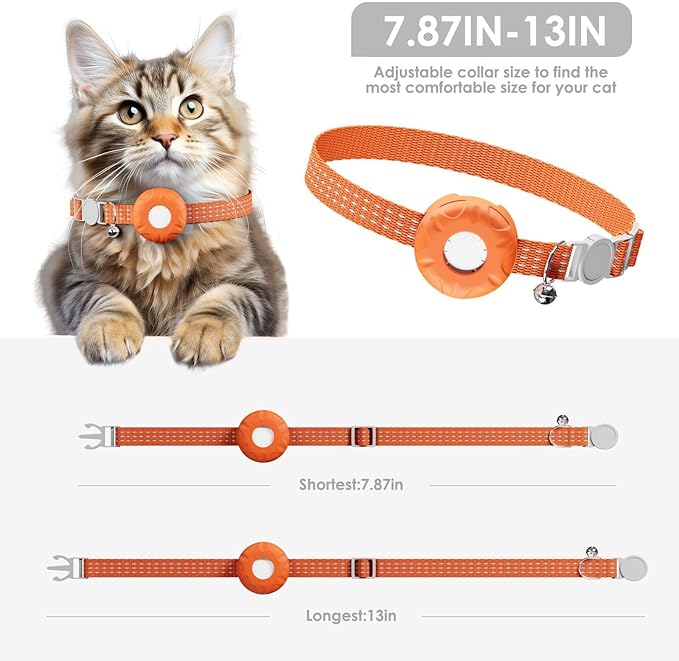 GPS Tracker for Cats, Cat Tracker Compatible with Apple Find My App (Only iOS), No Monthly Fee, Waterproof, Safety Collar and Tracker Holder Included (White Tracker, Orange Cat Collar)
