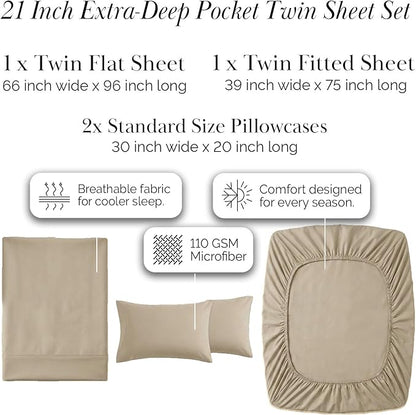 Southshore Fine Living, Inc. 4-Piece Twin Bed Sheets Set, 21" Extra Deep Pocket Twin Fitted Sheet, Oversized Flat Sheet, Microfiber Bedding Set, Taupe Pillow Cases Standard Size, Taupe Sheets