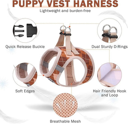 SCENEREAL Fall Thanksgiving Small Dog Harness and Leash Collar Set, Step in No Pull Plaid Puppy Harness for Small Dogs Outdoor Walking, Soft Mesh No Chock Reflective Vest Harness, Brown S