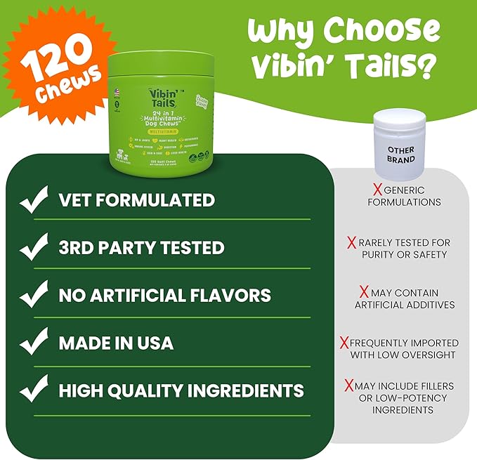 Vibin’ Tails 24-in-1 Dog Multivitamin, Glucosamine Chondroitin Hip & Joint Support, Probiotics & Omega-3, Skin & Coat - Puppy & Senior Chewable Dog Vitamins & Supplements Vet Formulated - 120ct Bacon