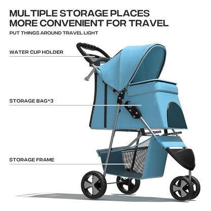 Pet Stroller for Small Dogs 10 lbs, Dog Stroller for Medium Dogs 30 lbs, Cat Strollers for 2 Cats, 3 Wheels Foldable Jogger Puppy Stroller with Storage Basket and Cup Holder, Mint