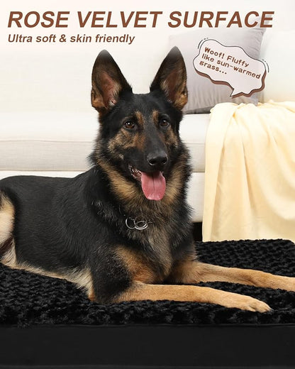 KSIIA Dog Crate Bed Waterproof Large Dog Bed Soft Rose Velvet Supportive Kennel Pad Egg Crate Foam with Removable Washable Cover & Non-Slip Bottom, 41 x 27 Inch, Black