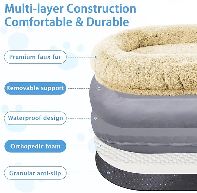 Human Dog Bed, 71''x45''x12'' Size Fits People and Pet 10 CM Thick Memory Foam Washable Adult Large Bed Giant Oversize Foldable Dog Bed with Plump Pillow, Blanket, Strap - Beige