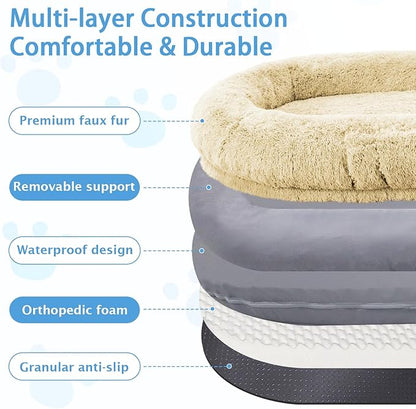 Human Dog Bed, 71''x45''x12'' Size Fits People and Pet 10 CM Thick Memory Foam Washable Adult Large Bed Giant Oversize Foldable Dog Bed with Plump Pillow, Blanket, Strap - Beige