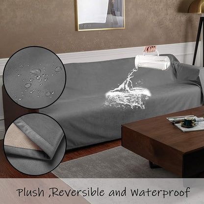 Ameritex Pet Bed Blanket Reversible 100% Waterproof Velvet Super Soft for Sofa and Bed (82x82 Inches, Light Grey+Beige)