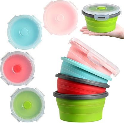 Suclain 4 Pcs Collapsible Bowls with Lids Silicone Camping Food Storage Container Expandable Folding Salad Lunch Box Travel Container for Hiking Camping
