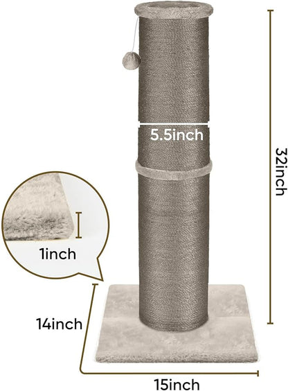 PAWSCRAT Cat Scratching Post 32 Inch High, 5.5 Inch Large Diameter Natural Sisal Cat Scratch Post, Scratch-Resistant and Durable Tall Cat Scratcher for Indoor Cats, Protect Your Furniture, Gery