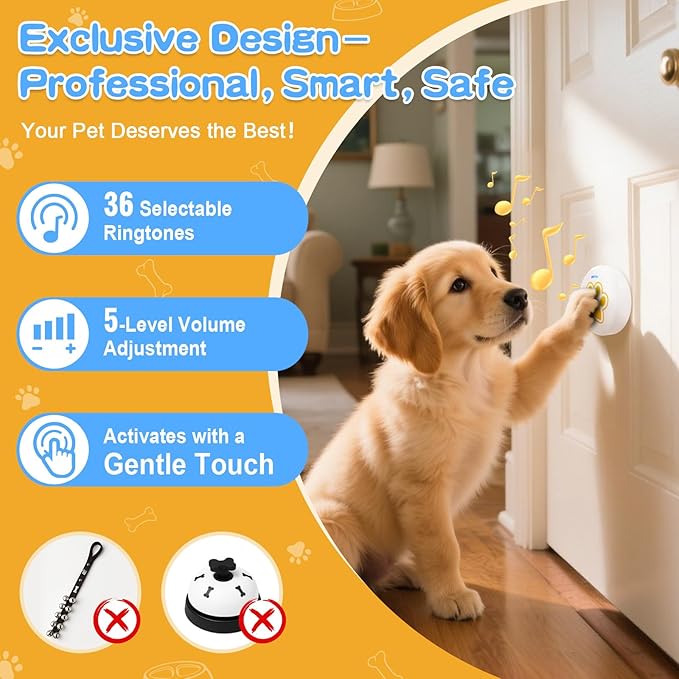 ChunHee Dog Bells to Go Outside - Bell for Dogs to Ring to Go Potty | Chew-Proof Dog Door Bell | 0-115dB Adjustable Volume & 28 Ringtones | Bells for Dog Training to Go Outside Without Barking
