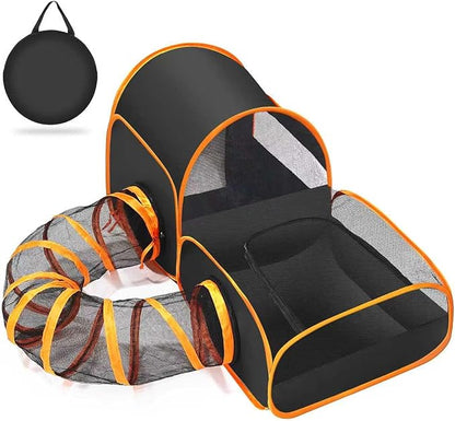 Portable Cat Playpen with Surround Tunnel, 2-Linked-Enclosed Areas, Ideal Cat Tent Outdoor or Cat Playpen for Indoor Cats Enclosed.Breathable Mesh Design for Indoor & Outdoor Use(Black)