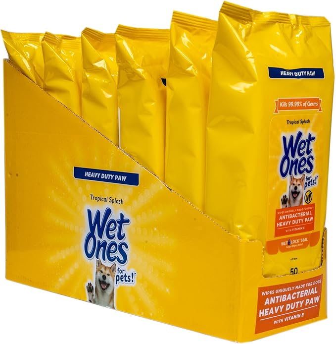 Wet Ones for Pets Antibacterial Heavy Duty Paw Wipes, Tropical Splash Scent - Thick Dog Cleaning Wipes - Scented, Durable and Disposable Dog Wipes for Paws, 50 Count