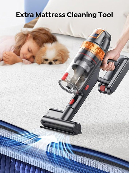 Cordless Vacuum Cleaner, 650W with Extra Mattress Cleaning Tool, 55KPA Stick Vacuum Cleaners for Home 70 Mins Runtime, Self-Standing, Wall Mount Charging, Rechargeable Vacuum for Floor Carpet Pet Hair