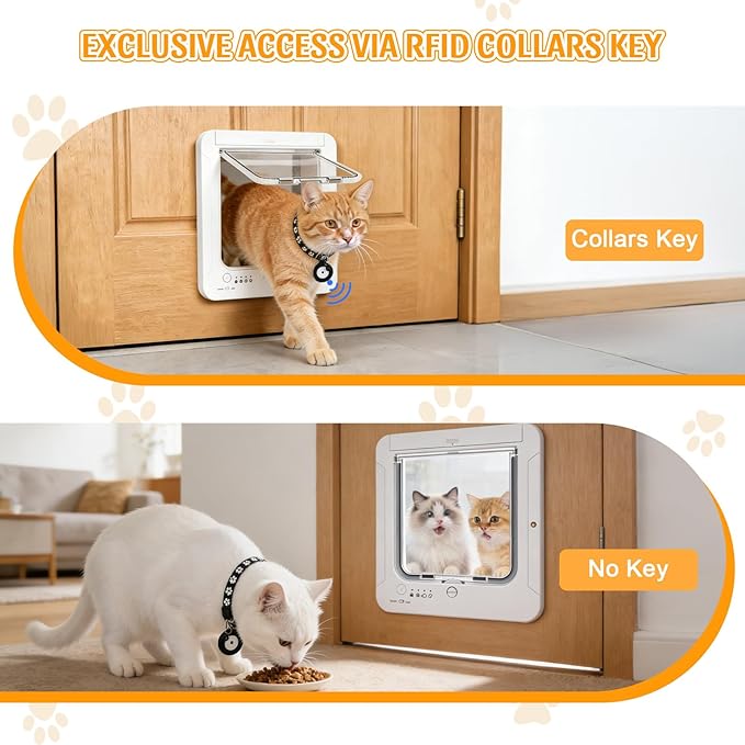 Smart Cat Door with 4 Collar Sensor Key, RFID Cat Door Collar Activated with Remote Control, 4 Way Locking Cat Flap Automatic Pet Door Interior & Exterior(Brown)