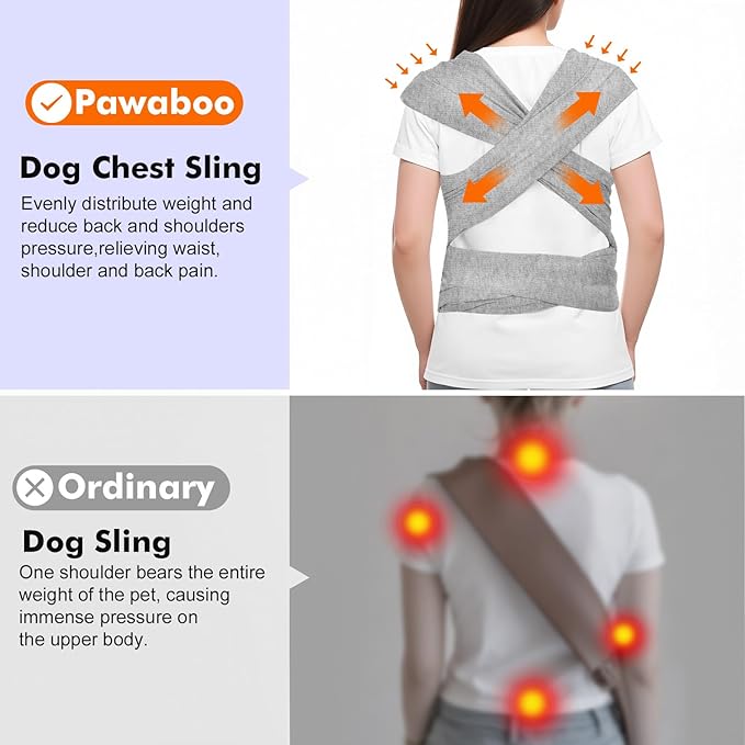 Pawaboo Pet Sling Carrier for Small Dogs and Cats, Hands Free Dog Carriers Sling, Anti-Anxious Soft Cotton Front Facing Cat Carrier Papoose, Puppy Kitten Pouch Reduce Back Neck Pain, Gray