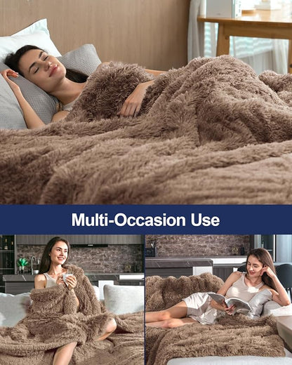 Pawque Faux Fur Blankets Queen Size Fluffy Soft, Sherpa Fleece Luxury Decorative Warm Cozy Throw for Sofa Couch Bed, Breathable & Washable, Brown / 90x90 inches