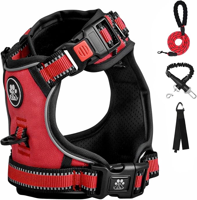 FURRYFECTION Plaid Dog Harness for Large Dogs, Reflective No Pull Adjustable Pet Vest with Front Clip, Leash, Easy Control Handle and Seat Belt, Red, L