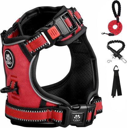 FURRYFECTION Plaid Dog Harness for Small Dogs, Reflective No Pull Adjustable Pet Vest with Front Clip, Leash, Easy Control Handle and Seat Belt, Red, S