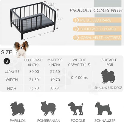 OSCHF Dog Bed with Rails - Elevated Pet Metal Bed Frame with Solid Wood Board and Washable Soft Mat for Small Dog Indoor or Outdoor Use, 21.3" x 30", Black