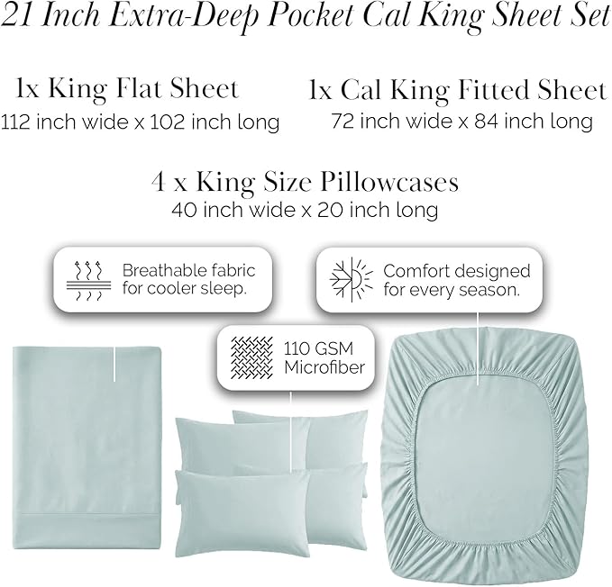 Southshore Fine Living, Inc. 6-Piece Cal King Size Sheets Set, 21-Inch California King Deep Pocket Sheets, 1 Extra Deep Pocket Fitted Sheet, Premium Bedding, Blue Pillow Cases 4 Pack, Sky Blue Bedding
