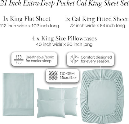 Southshore Fine Living, Inc. 6-Piece Cal King Size Sheets Set, 21-Inch California King Deep Pocket Sheets, 1 Extra Deep Pocket Fitted Sheet, Premium Bedding, Blue Pillow Cases 4 Pack, Sky Blue Bedding