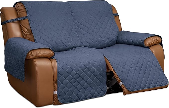 Easy-Going Loveseat Recliner Cover, Reversible Couch Cover for Double Recliner, Split Sofa Cover for Each Seat, Furniture Protector with Elastic Straps for Kids, Dogs(2 Seater, Dark Blue/Light Blue)