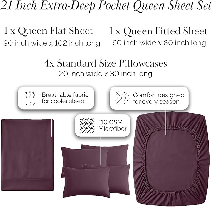 Southshore Fine Living, Inc. 6-Piece, 21-Inch Queen Deep Pocket Sheet Set, Wrinkle Free Sheets Queen Size Bed Set, 1 Full Elastic Fitted Sheet, 1 Oversized Flat, 4 Purple Pillow Cases, Purple Sheets
