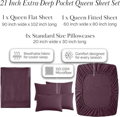 Southshore Fine Living, Inc. 6-Piece, 21-Inch Queen Deep Pocket Sheet Set, Wrinkle Free Sheets Queen Size Bed Set, 1 Full Elastic Fitted Sheet, 1 Oversized Flat, 4 Purple Pillow Cases, Purple Sheets
