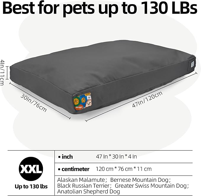 Sytopia 47 Inch Canvas Indestructible Outdoor Dog Bed for XXL Dogs, Chew Proof Dog Bed with Waterproof Washable Removable Cover, Indoor Patio Pet Pad for Crate, Dark Grey