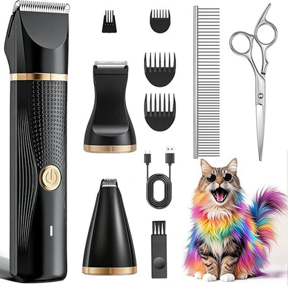 Cat Grooming Clippers Kit with Paw Trimmer, 3 in 1 Electric Pet Hair Trimmer Supplies for Thick Matted Hair, Heavy Coat Butt Shaver Cat Razor Fur Trimmer for Dogs at Home (Black)